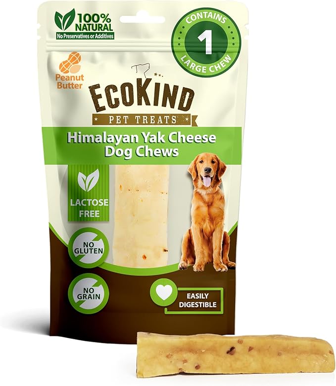 EcoKind Yak Cheese Himalayan Dog Chews, Yak Chews for Large Dogs, Long Lasting Bone for Aggressive Chewers, Only 4 Ingredients, Natural High Protein Treats, No Additives, Peanut Butter, Large - 1 Chew