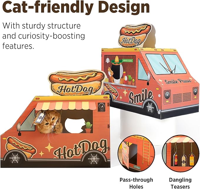 SMILE PAWS Cat Beds for Indoor Cats, Cardboard Cat House with Scratchers, Hot Dog Truck, Large Sturdy Cat Furniture Condo Cave Tent, Easy to Assemble Pet Toys Accessories Stuffs, Bunny Small Animals