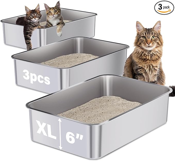 Stainless Steel Litter Box 3 Pack, 23.6" X 15.7" X 6" Extra Large Cat Litterbox No Smell, XL Metal Litter Box for Big Kitty, Multiple Cats, Non Stick, Easy Cleaning