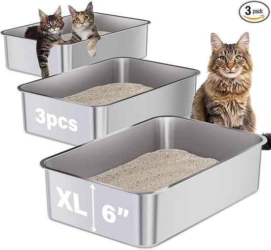 Stainless Steel Litter Box 3 Pack, 23.6" X 15.7" X 6" Extra Large Cat Litterbox No Smell, XL Metal Litter Box for Big Kitty, Multiple Cats, Non Stick, Easy Cleaning