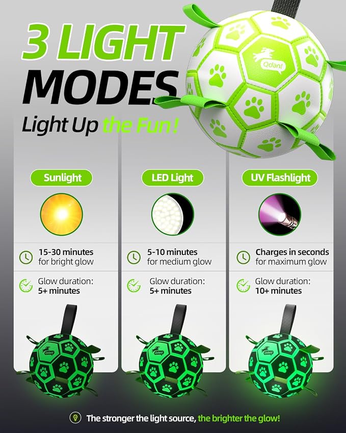 QDAN Premium Glow in The Dark Dog Toys, Dog Ball with Straps, Soccer Ball for Dogs, Outdoor Dog Toys, Pet Birthday Toys, Puppy Essentials for Medium to Large (8Inch)