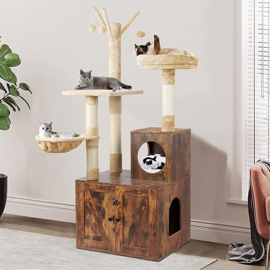 Timberer Cat Tree Tower with Litter Box Enclosure, 2-in-1 Wooden Cat Condo with Sisal Scratching Post, Hammock, Brown