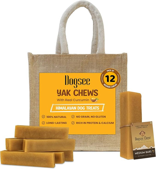 Dogsee Himalayan Yak Cheese Chews with Turmeric 2lb (Medium -12 Pack) 60% Protein Long-Lasting Natural Treats for Dogs Anti-Inflammatory Odorless & Helps with Teeth Cleaning