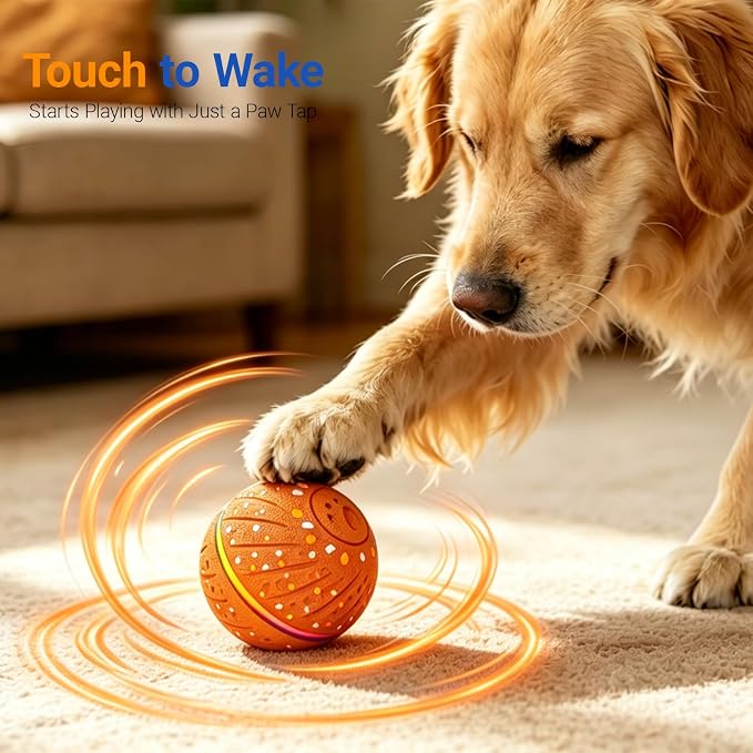 Interactive Dog Ball Toy for Small Medium Dogs – Automatic Rolling, Bouncing & Moving Dog Toy with LED Lights, 2-in-1 Fetch Toy, Durable E-TPU, USB Rechargeable (2.8” Orange)