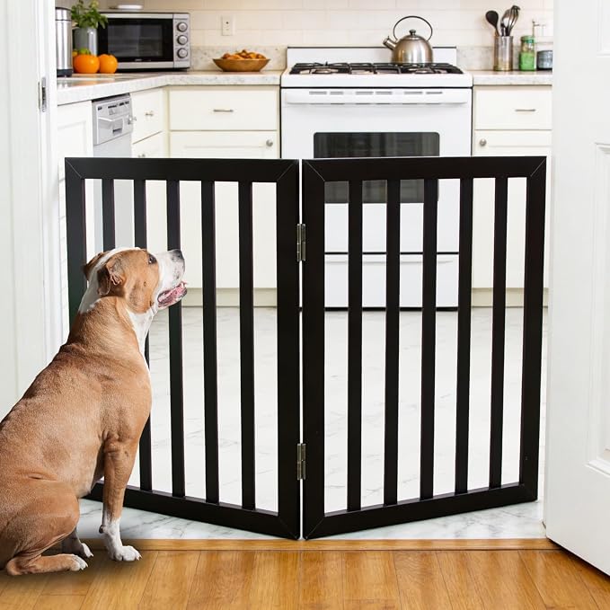Dog Gate Indoor, Freestanding Dog Fence for The House, Doorways, Hallways,or Stairs,Pet Gate Foldable Wooden,Expandable 32" Height 2 Panels,Black