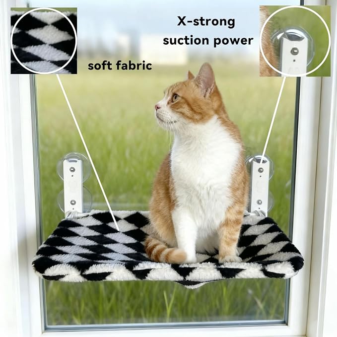 Cat Window Perch, Foldable Cat Hammock Seat for Window with Metal Frame and Large Suction Cups, Window Perch for Cats Inside, Hold 40lb (Black and White, XL)