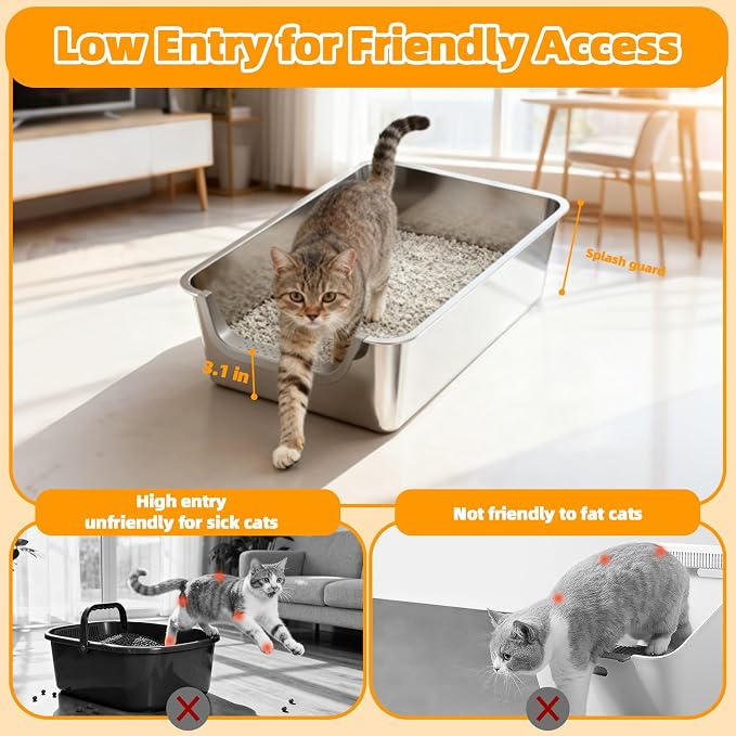 Stainless Steel Litter Box,Extra Large Metal Cat Litter Box with High Sides for Indoor Big Cats,Jumbo XL Washable Kitty Litter Boxes with Low Entry for Kittens&Senior Cats,Non Stick (Short-Side Entry)