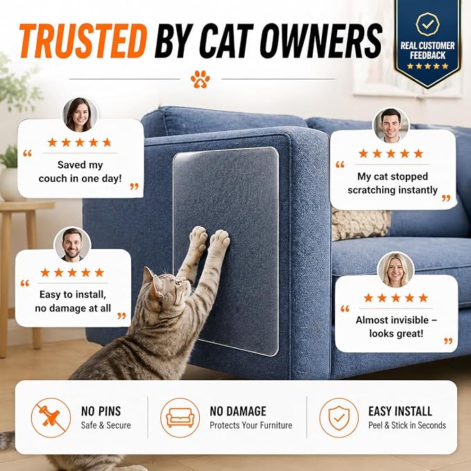 Cat Scratch Furniture Protector 12-Pack – [Non-Reflective] Frosted Matte Couch Guards, Invisible Self-Adhesive Deterrent Tape for Fabric Sofa, No Residue & No Pins, Anti-Scratch Film for Walls