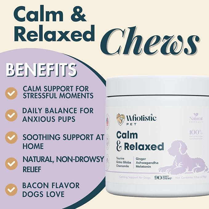 Wholistic Pet Calm & Relaxed - Calming Chews for Dogs - L-Theanine Manages Stress & Separation Anxiety - Melatonin for Dogs Anxiety Relief & Sleep Aid - Daily Dog Calming Treats - Bacon - 90 Chews