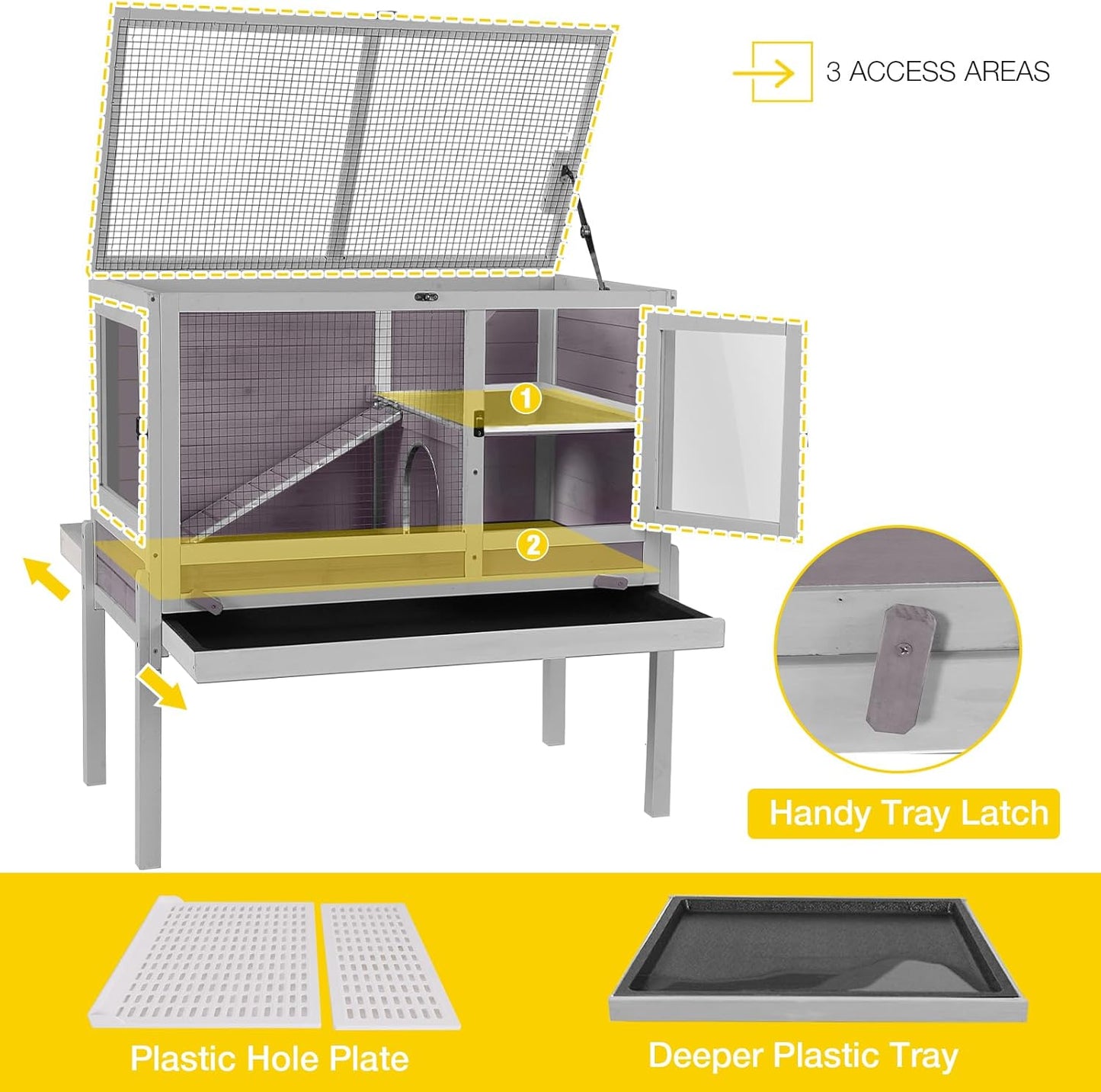 Aivituvin Rabbit Hutch with Stand Wooden Bunny Cage Indoor 2 Story Guinea Pig House with Anti Chew Ramp, No Leak Tray, Hideout, Wire Mesh (Gray)