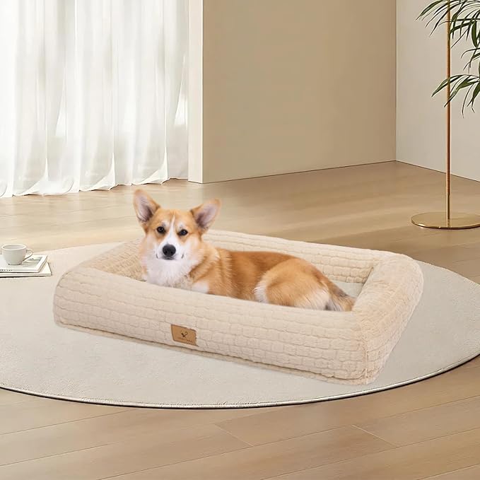 Plush Orthopedic Dog Bed for Medium Large Dogs, Memory Foam Bolster Sofa Bed with Removable Washable Cover, Waterproof Lining & Non-Slip Bottom (Tan-M)