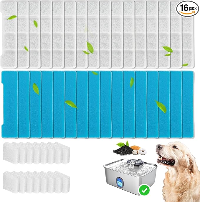 16+16 Pack Replacement Filters Compatible with SIBAYS/Kastty 4Gal/15L Stainless Steel Dog Water Fountain, Includes 16 Filters & 16 Sponges