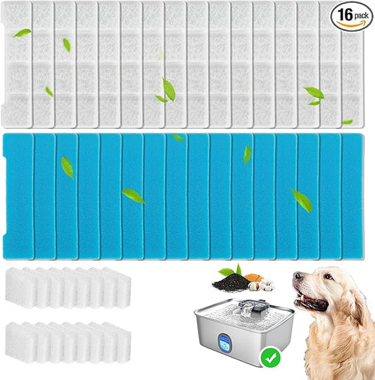 16+16 Pack Replacement Filters Compatible with SIBAYS/Kastty 4Gal/15L Stainless Steel Dog Water Fountain, Includes 16 Filters & 16 Sponges