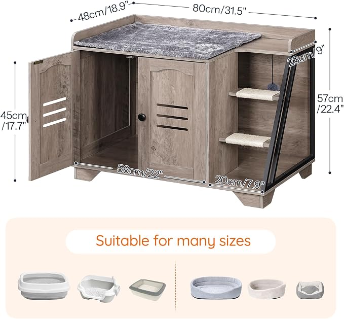 HOOBRO Cat Litter Box Enclosure with Ladder, Hidden Litter Box Furniture with Rechargeable 3-Color LED, Plush, Teaser Balls, 31.5" L x 18.9" W x 22.4" H, All-in-One, Black and Greige BG48MW01G1