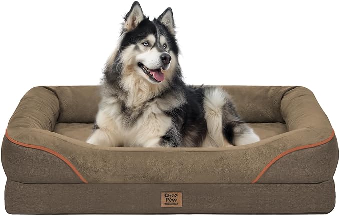 Chez Paw XXL Orthopedic Dog Bed for Extra Large Dogs, Extra Thick Egg-Crate Foam Waterproof Pet Couch with Removable Washable Cover, 4-Sided Bolster & Non-Slip Bottom, Coffee 45"x35"x7.5"
