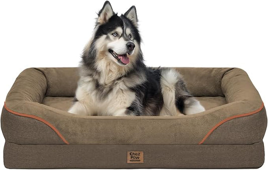 Chez Paw XXL Orthopedic Dog Bed for Extra Large Dogs, Extra Thick Egg-Crate Foam Waterproof Pet Couch with Removable Washable Cover, 4-Sided Bolster & Non-Slip Bottom, Coffee 45"x35"x7.5"