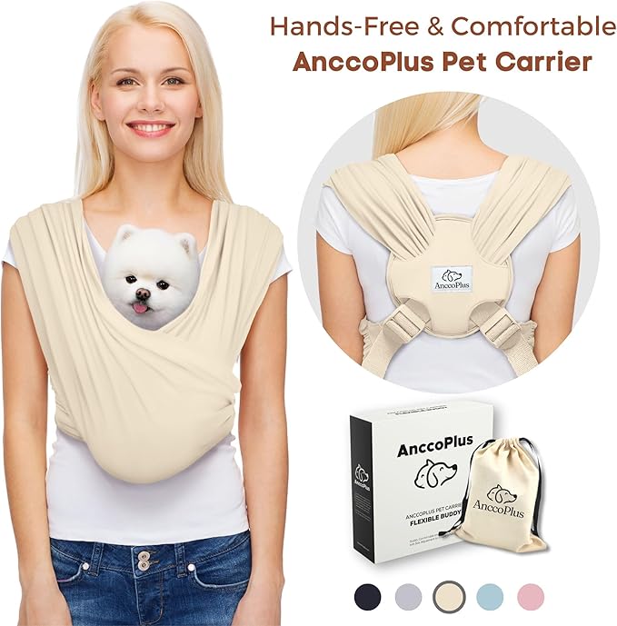 AnccoPlus Hands Free Dog Sling for Small Dogs, Dog Carrier, Beige, Plus | Reduces Back Pain, Front Facing Sling, Hands Free, Size Adjustable, Premium Cotton, Patented Product