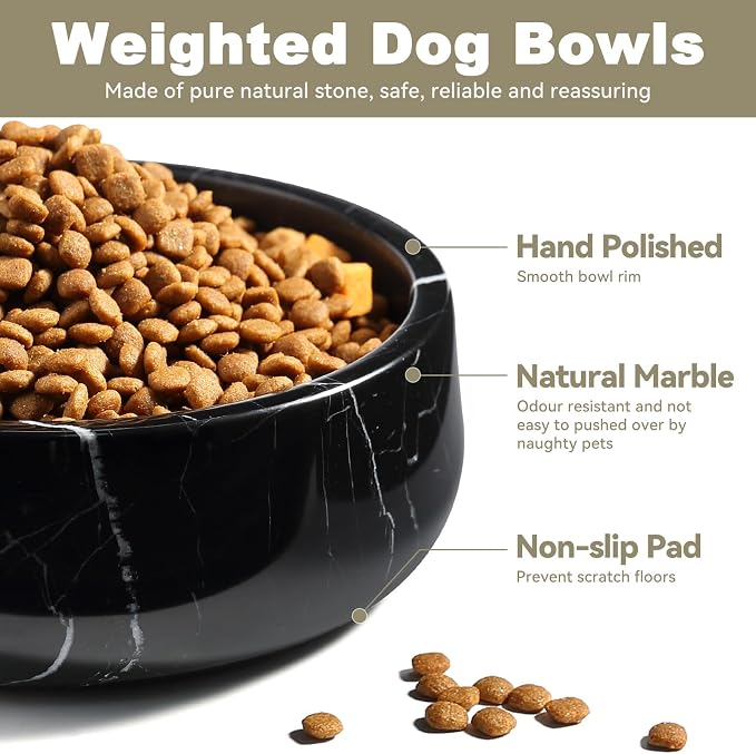 Karibiber Black Marble Dog Bowl, 3.5lbs Non Slip,Non Spill Heavy Dogs Food Bowl, Large Dog Dish, Weighted Food and Water Bowls for Medium Dogs, Natural Stone Pet Bowl, Easy to Clean, Holds 4.5 Cups