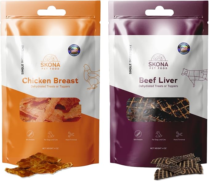 Skona Chicken & Beef Liver Jerky Treats Bundle (2X 4oz) | Single-Ingredient | Dogs & Cats | Protein-Rich, Hypoallergenic, Dental Care, Energy Boost | USA Made