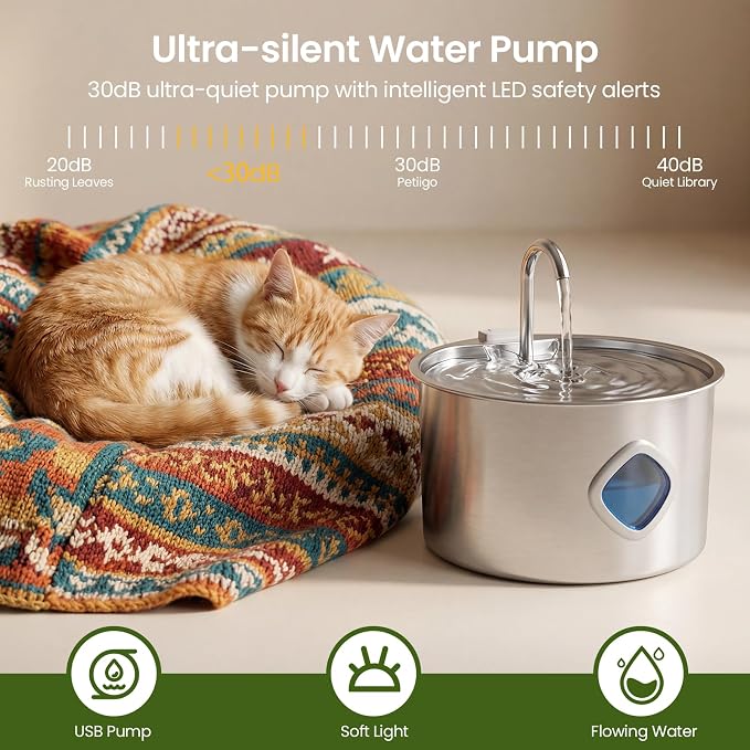 Stainless Steel Cat Water Fountain 108oz/3.2L, Pet Drinking Fountain with 3 Filters & Quiet Water Pump, Automatic Water Dispenser for Cats Indoor, Water Level Window, Easy to Clean