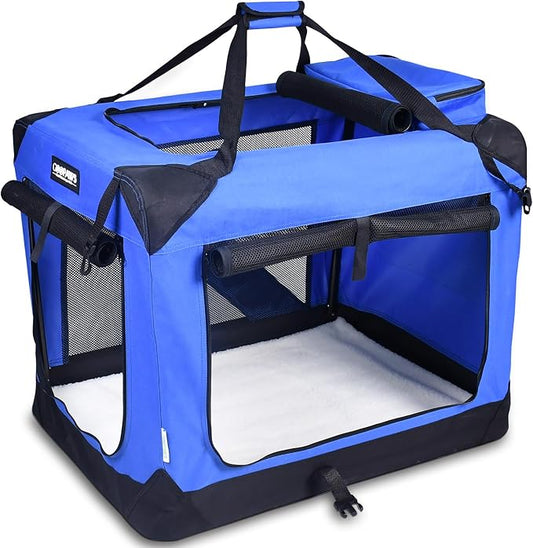 JESPET 30'' Soft Pet Crates Kennel, 3 Door Soft Sided Folding Travel Pet Carrier with Straps and Fleece Mat for Dogs, Cats, Indoor/Outdoor Use with Black