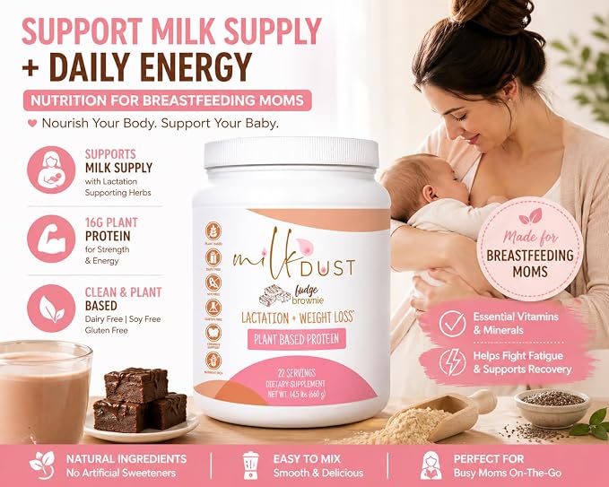 MILK DUST Lactation Protein Powder for Breastfeeding Moms, 16g Protein, Vegan Pea Protein, Dairy-Free, Supports Milk Supply & Energy, Fudge Brownie, 660g, 22 Servings