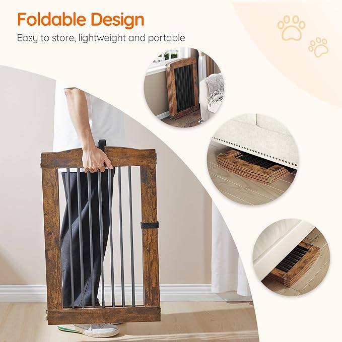 HOOBRO Indoor Dog Gate with Support Feet, 31.5 Inch 4 Panels, Freestanding Pet Gate for Doorway, Stairs, Folding Dog Fence, 360° Hinge for Easy Access, Sturdy Iron Pipe, Rustic Brown BF64PP03