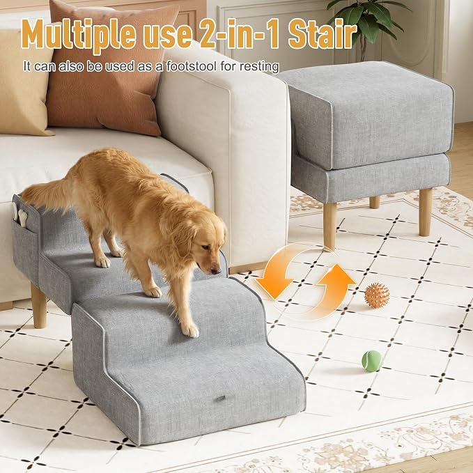 PakaLife Foldable 2-in-1 Dog Ramp Ottoman, Solid Wood Dog Steps for Bed & Couch, Washable Cover, 135lb Capacity, for Small, Senior Dogs & Old Cats to Get on Bed(Only for Small Dogs)