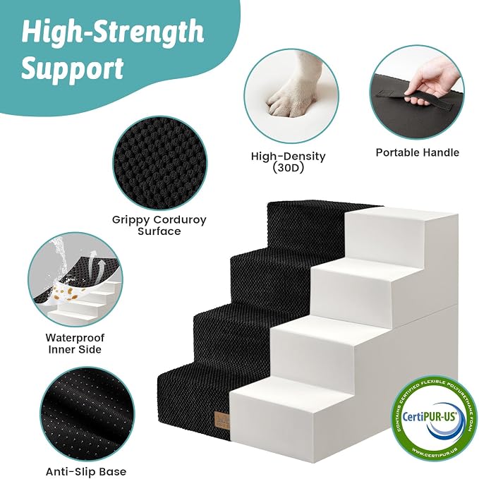 COZY KISS Dog Stairs for Small Dogs, 4 Tier Removable Pet Stairs for Couch and Bed, 17.7" H Dog Steps for Old Cats, Puppy, Small Dogs, 15.7x23.6x17.7 inch, Black