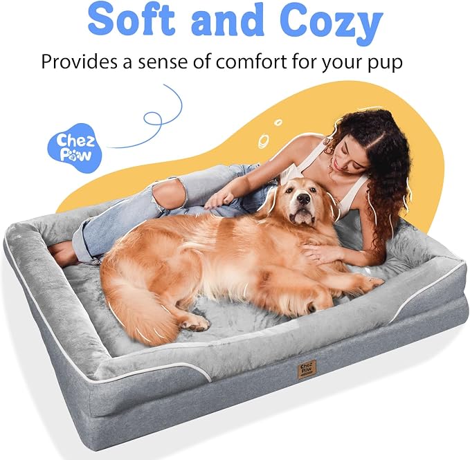 Chez Paw XXL Orthopedic Dog Bed for Extra Large Dogs, Extra Thick Egg-Crate Foam Waterproof Pet Couch with Removable Washable Cover, 4-Sided Bolster & Non-Slip Bottom, Silver 45"x35"x7.5"