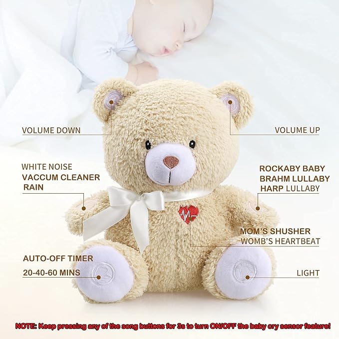 BEREST Newborns Musical Baby Sleep Soother, Mom's Heartbeat White Noise Machine, Bear Sleeping Aid with Cry Sensor, Night Light & 9 Sounds Therapy, Classic Sleeping Bear Infant Sleeping Aid Toy(Brown)