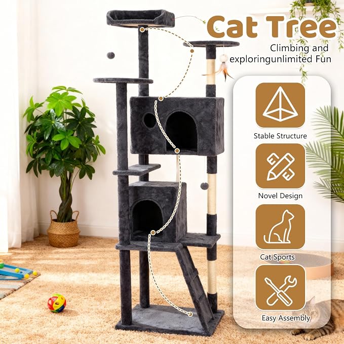 BestOffice 81 Inch Cat Tree, Multi-Level Cat Tower with Condo, Perches, Sisal Scratching Posts, Climbing Ladder,Indoor Activity Center Play House for Kittens & Adult Cats, Dark Gray