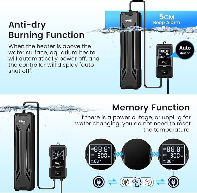 hygger 1000W Aquarium Heater, Upgraded Submersible Fish Tank Heater with Dual Protection System & LED Digital Display, with Automatic Power-Off Function, for 130-260 Gal Freshwater and Saltwater Tank