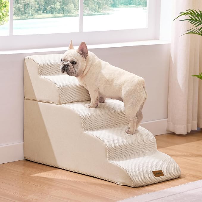 ZOMISIA Dog Stairs for High Beds - Pet Stairs Ramp for Couch, 35D Foam Dog Steps for Small to Large Pets, with Non-Slip Bottom Beige, 5 Steps