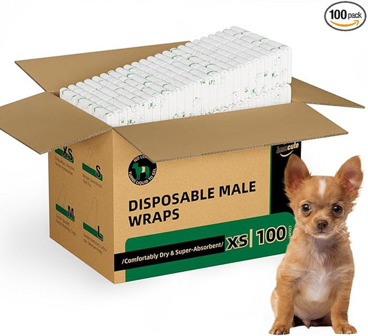 IMMCUTE Dog Diapers Male 100 Ct, XSmall, Male Dog Diapers Disposable with Wetness Indicator, Adjustable Male Dog Wraps