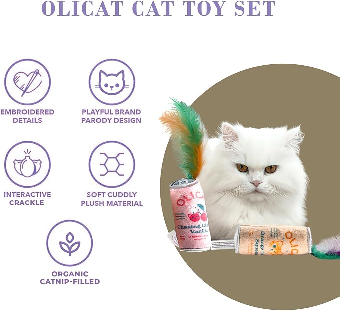 Haute Diggity Kitty Olicat Catnip Toys, Soft Plush Cat Toys Catnip Filled with Interactive Crackle Sound & Feathers, Safe & Durable Toy for Cats & Kitten, 2 Pcs