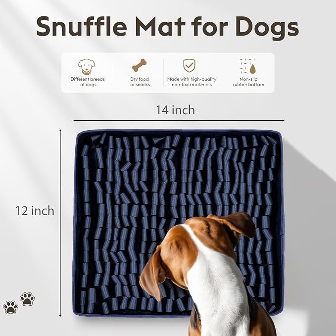 FunFurry Snuffle Mat for Dogs, Dog Puzzle Mat, Interactive Dog Toys for Enrichment,Sniff Mats with Non-Slip Backing,Portable Design Easy to Store (Navy, 14" X 12"-Portable)