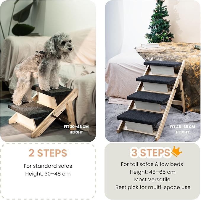 MEWANG Wood Pet Stairs & Ramp for Small/Medium Dogs & Cats, Aging Pets – 2-in-1 Foldable, Portable, Non-Slip Pet Ladder for Tall Beds, Couches, Cars – Holds Up to 220 lbs (31.5" L x 17.2" W x 25.0" H)