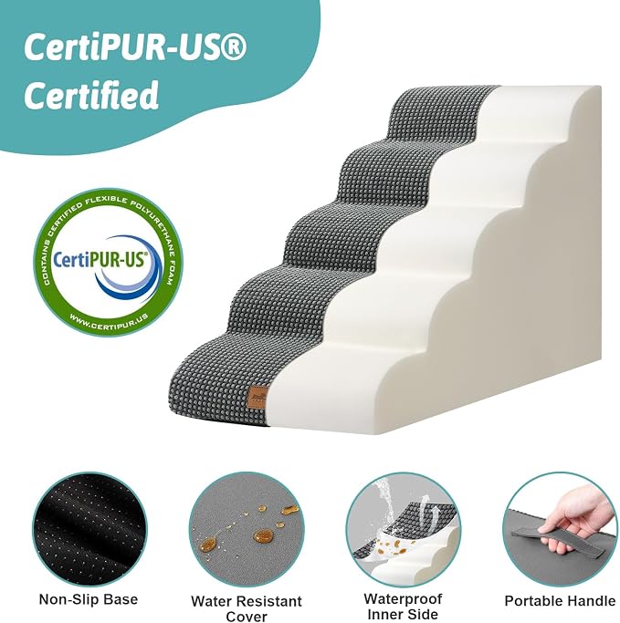 COZY KISS Wide Dog Stairs for Small Dog 22.6" H, Curved Pet Step for Puppy, Older Cat, Curved Ramp for High Bed or Car, Ladder with High Density Foam, Durable, 17.7x33x22.6 inch, Charcoal Grey