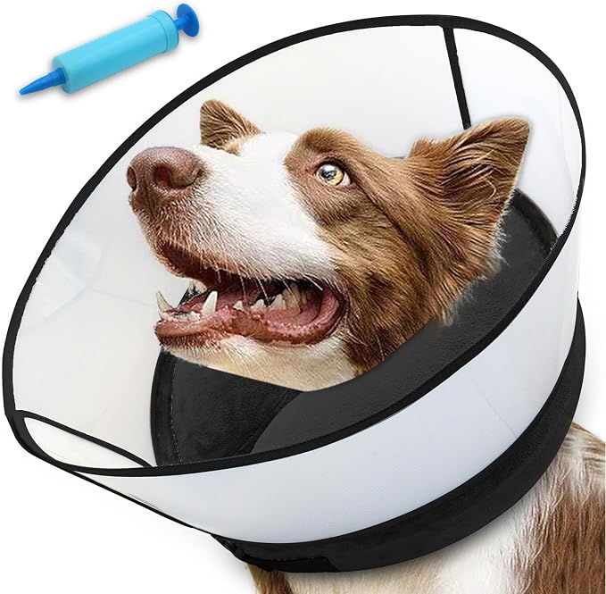 2-in-1 Inflatable Dog Cone Collar with Detachable Anti-Licking Shield, Soft Adjustable Elizabethan Collar for Dogs After Surgery (M+, Black)