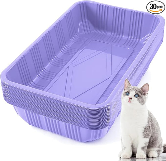 Tessco for you 30 Pack Disposable Cat Litter Boxes, Plastic Leakproof Litter Trays for Cats, Disposable Travel or Temporary Litters Pan for Kittens and Small Pets, 16.7 x 10.5 x 3.4 Inch(Light Purple)