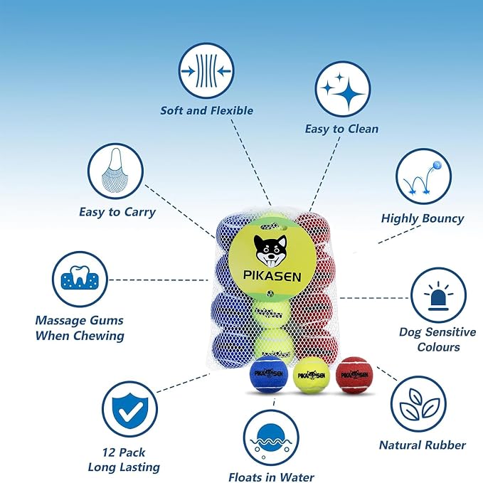 Dog Squeaky Tennis Balls for Pet Playing in 3 Sizes Premium Strong Dog & Puppy Balls for Training, Play, Exercise the Easiest Color for Dogs Red Yellow Blue (Medium-12pack)