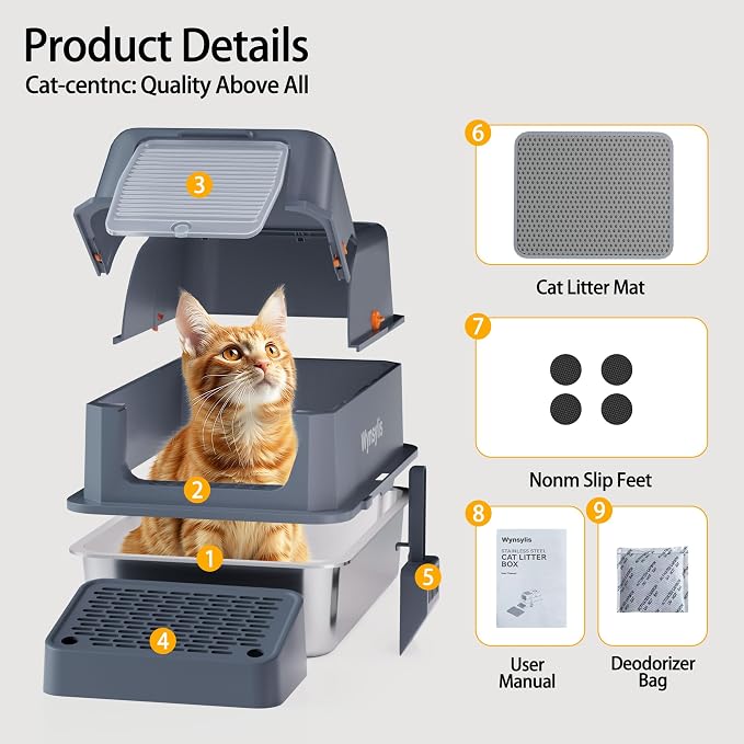 XL Stainless Steel Cat Litter Box with Lid for Large Cats | High sides, stainless pan, flip-top lid, step, mat, scoop, filter; for large cats, high-peeing cats, and multi-cat homes