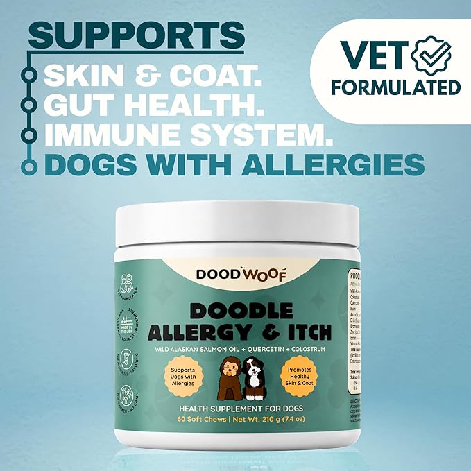 DOOD WOOF Dog Allergy Chews - Itch Relief for Doodles - Vet Formulated - 60 Count Soft Chew Supplement - Skin and Seasonal Allergy Support