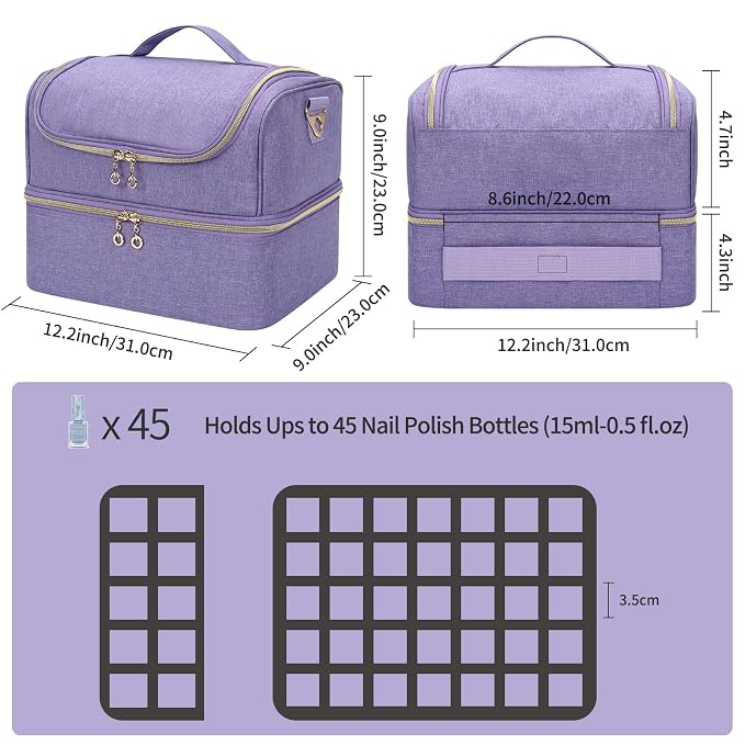 CUBETASTIC Nail Polish Organizer Case, Nail Supplies Storage Box Holds 45 Bottles Nail Polish & Nail Lamp, Travel Nail Tech Carrying Case, Nail Kit Bag For Nail Stuff & Manicure Tools