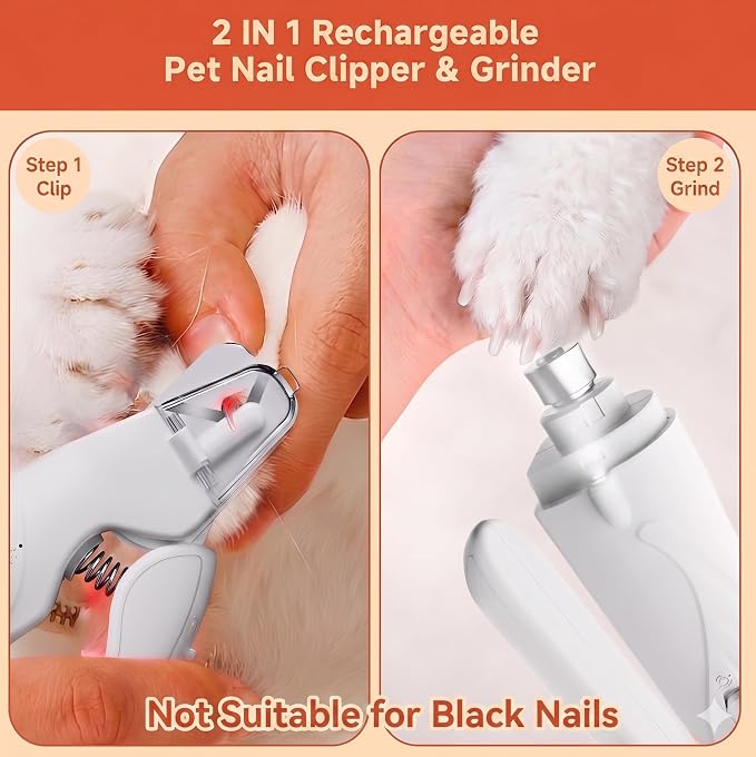 2-in-1 Dog Nail Clippers with Lights 2 LED & Dog Nail Grinder Quiet, Dog Nail Trimmers, USB Rechargeable and Splash Guard, Pet Nail Grinder for Small, Medium, and Large Dogs & Cats