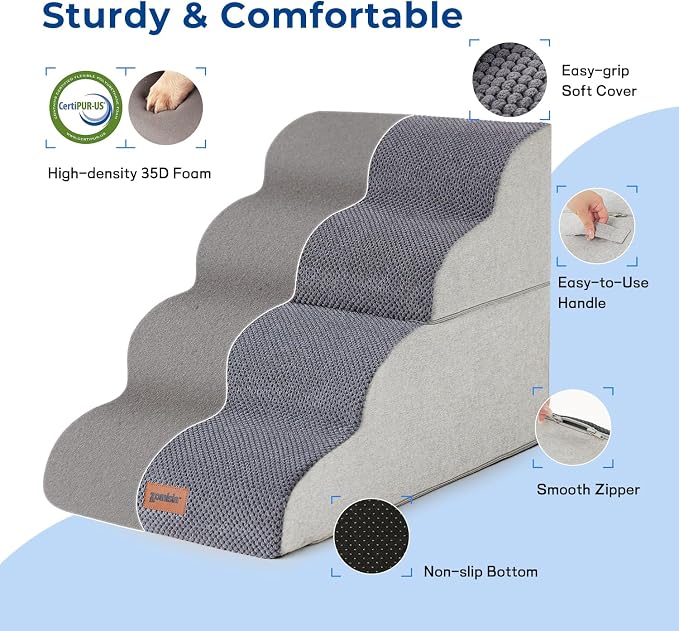 ZOMISIA Dog Stairs Ramp for Bed 19.7" H - Pet Stairs Steps for Small to Medium Dogs to Get on Bed and Couch, 35D Foam with Non-Slip Bottom Brown, 4 Steps
