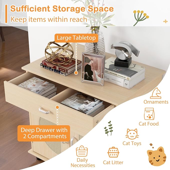 PETSITE Cat Litter Box Enclosure, Hidden Litter Box Furniture with Drawer and Adjustable Metal Feet, Wooden Pet House Side End Table, Indoor Litter Box Cabinet with Sisal Scratching Board Doors
