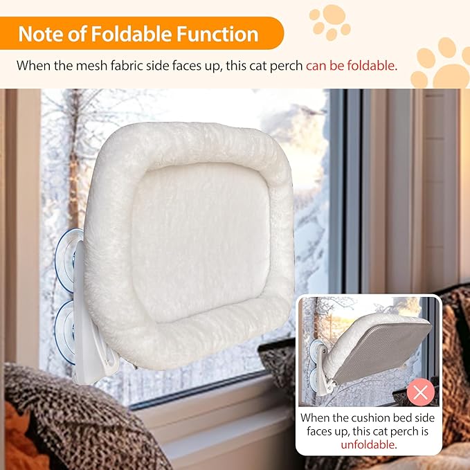 L&W BROS. 2PC Cat Window Perch Cushion Bed Cat Hammock with 4 Updated Suction Cups Easy to Assemble Window Bed for Heavy Large Cats (M White)