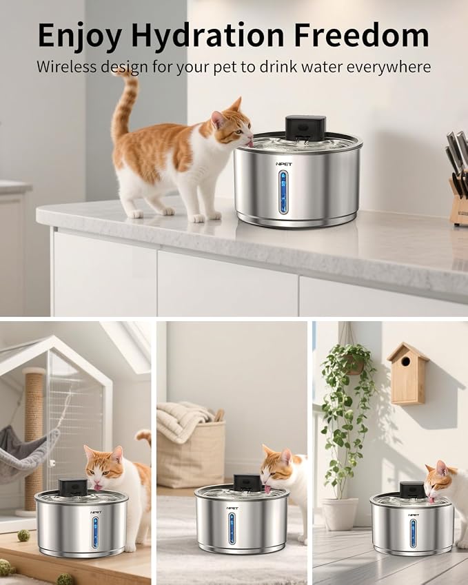 NPET Stainless Steel Wireless Cat Fountain, 1Gallon/135oz Battery Operated Automatic Pet Drinking Fountain - Cordless Dog Water Dispenser with 4 Replacement Filters for Cats Indoor